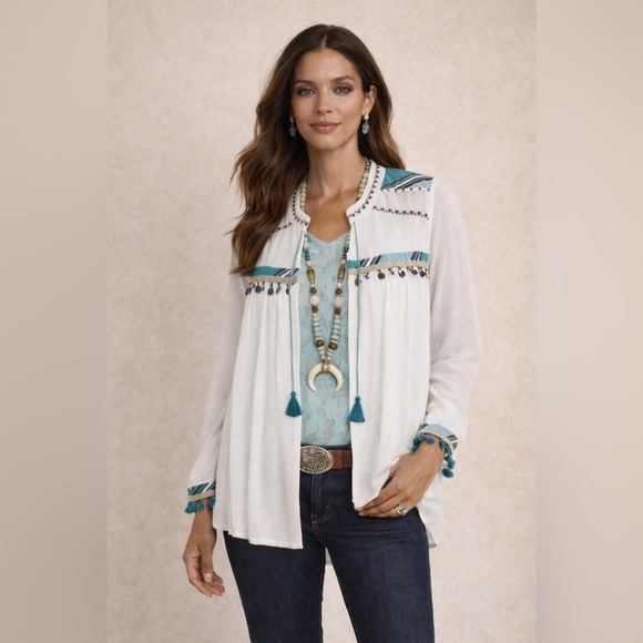 Chico's Tops - Western Bohemian Whimsical Embroidered Tie Tassel Cardigan 16 Petite